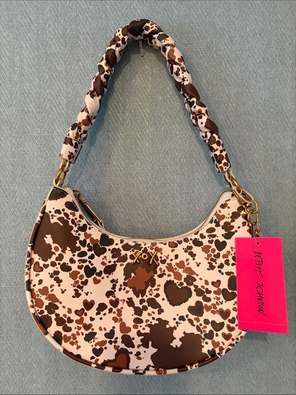 Betsey Johnson Brown & Cream Patterned Crescent Shoulder Bag